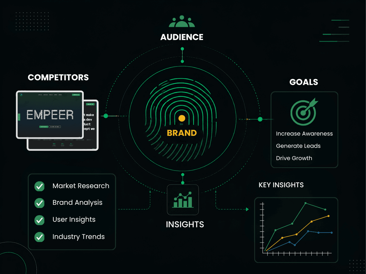 Product discovery workshop mapping brand strategy, user research, and competitor insights